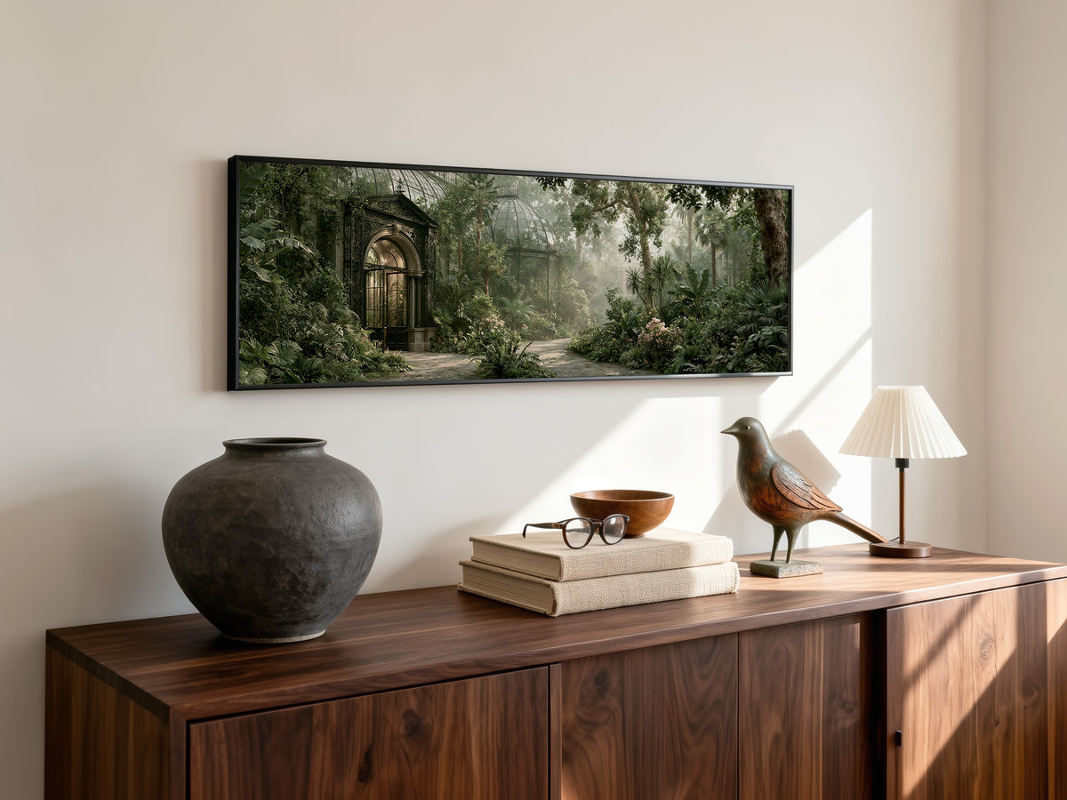 Victorian Greenhouse Botanical Garden Panoramic Canvas Print, Misty Green Glass House Wall Art, Biophilic Living Room Decor