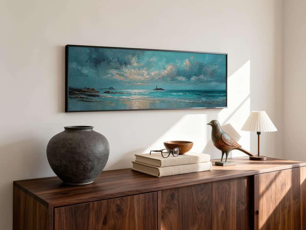 Dramatic Teal Seascape Lighthouse Panoramic Canvas Print, Stormy Ocean Sky Wall Art, Moody Ocean Horizon Art Decor