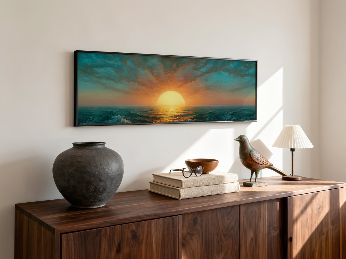 Ocean Sunset Panoramic Canvas Print, Teal Orange Sun Wall Art