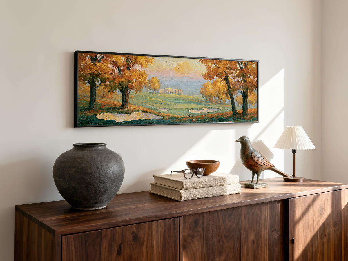 Golden Autumn Golf Landscape Panoramic Canvas Print, Impasto Fall Landscape Painting Wall Art,