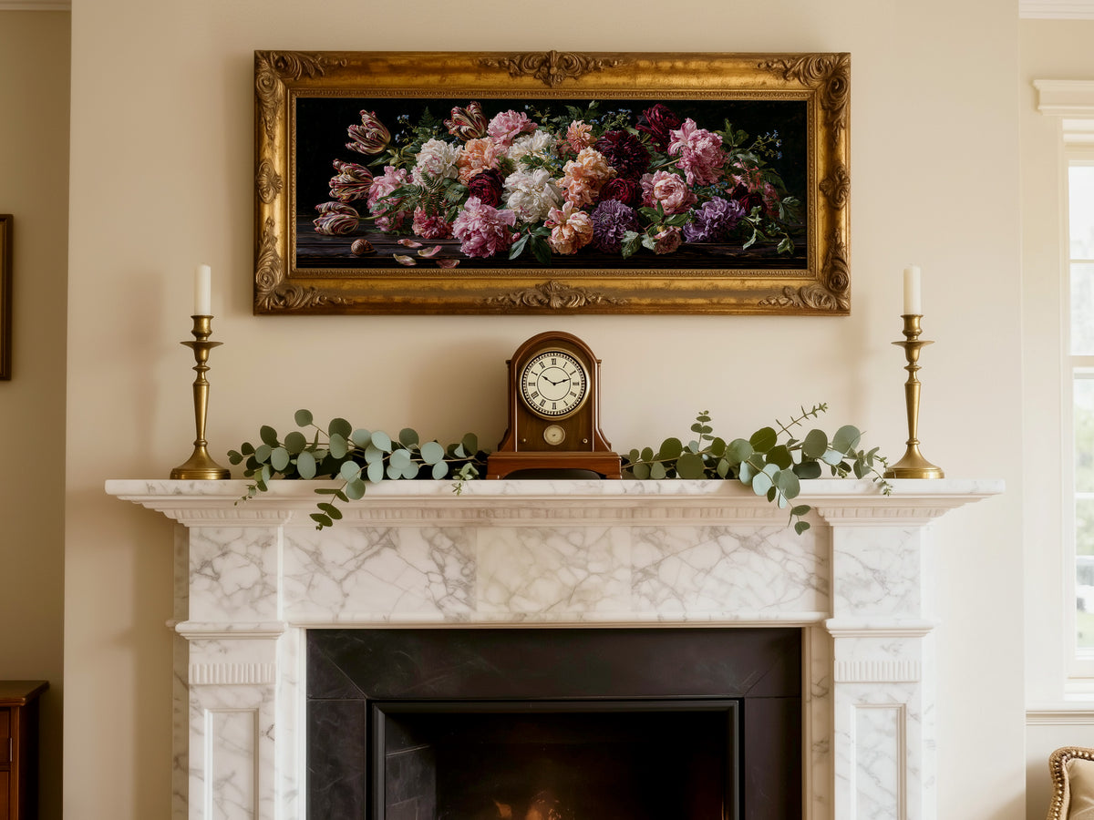 Dark Floral Panoramic Canvas Print, Peony & Tulip Botanical Wall Art, Extra Large Horizontal Decor