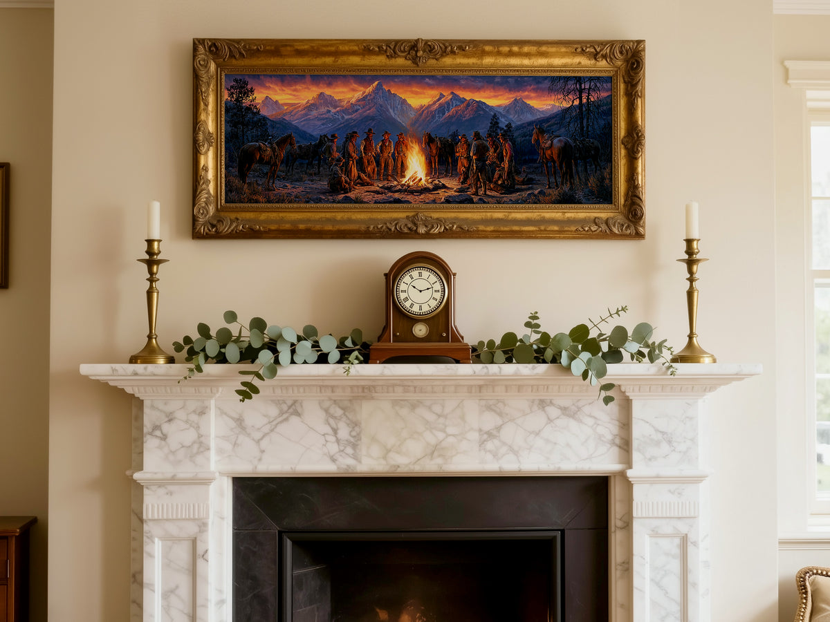 Cowboy Campfire Mountain Sunset Panoramic Canvas Print, Western Cowboys and Horses Wall Art, Extra Large Rustic Lodge Decor