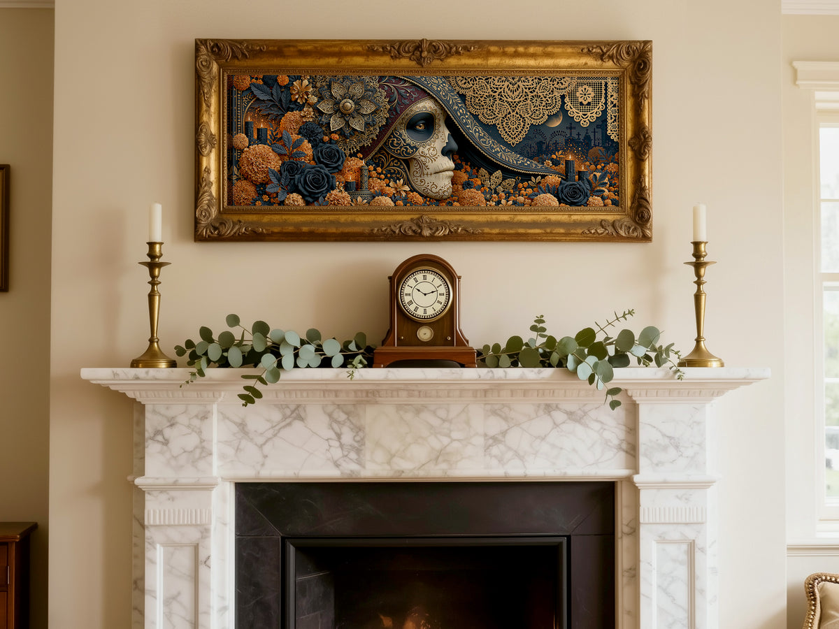 Gold Navy Sugar Skull Woman Marigold Panoramic Canvas Print, Luxury Day of the Dead Lace Wall Art, Gothic Floral Decor