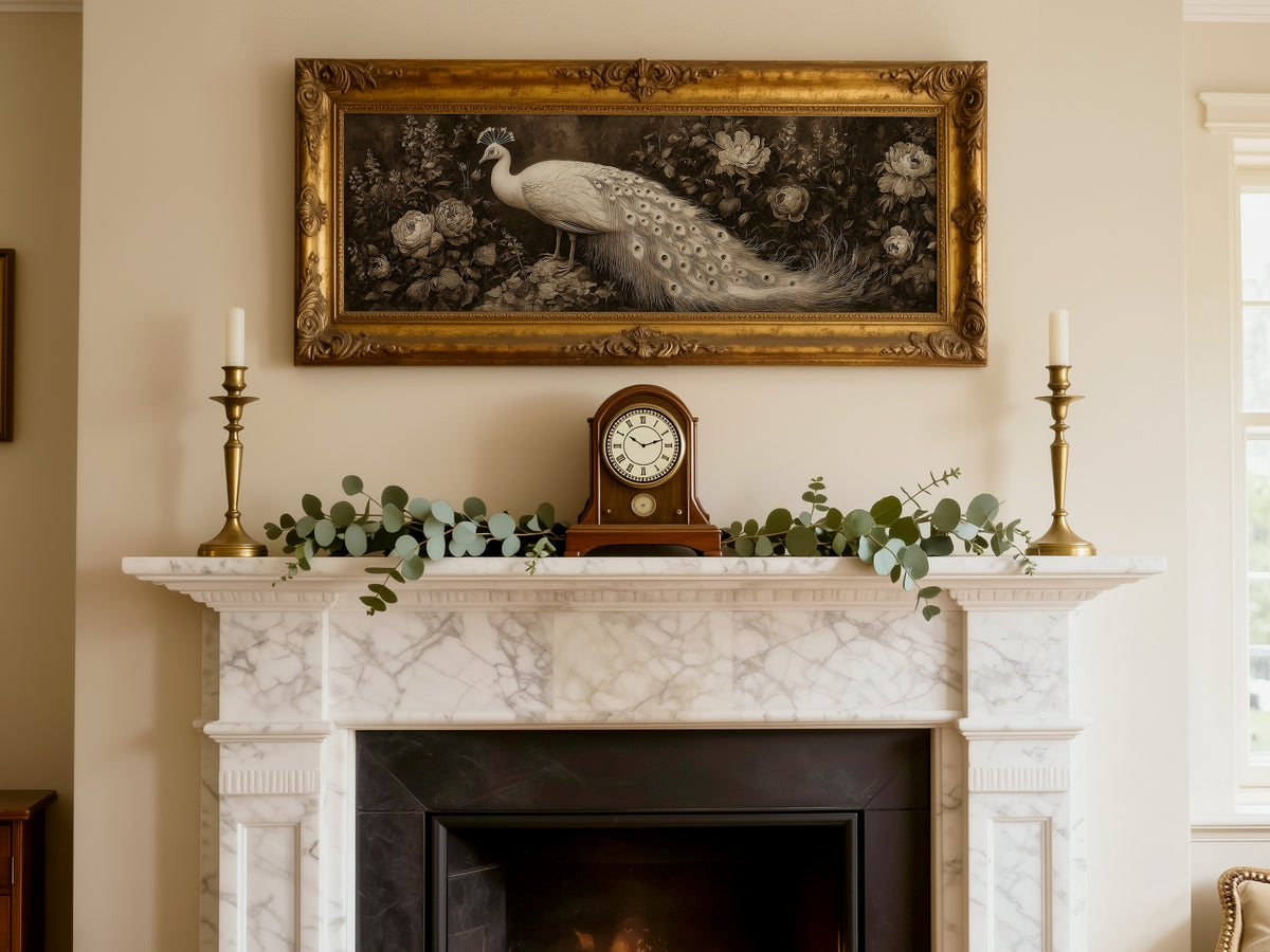 White Peacock Botanical Panoramic Canvas Print, Vintage Sepia Floral Bird Wall Art