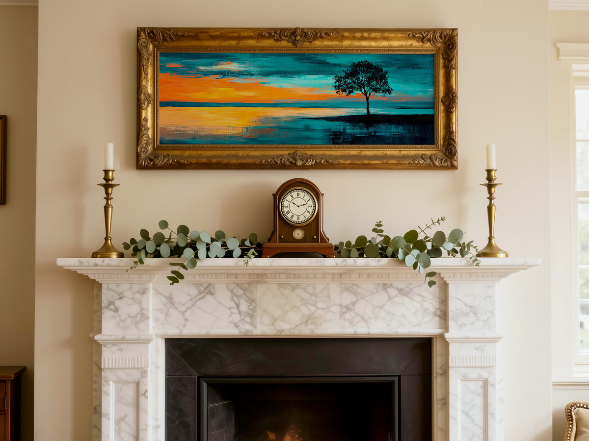 Dramatic Lone Tree Teal Orange Sky Panoramic Canvas Print, Abstract Sunset Landscape Wall Art, Silhouette Oversized Horizon Art Decor