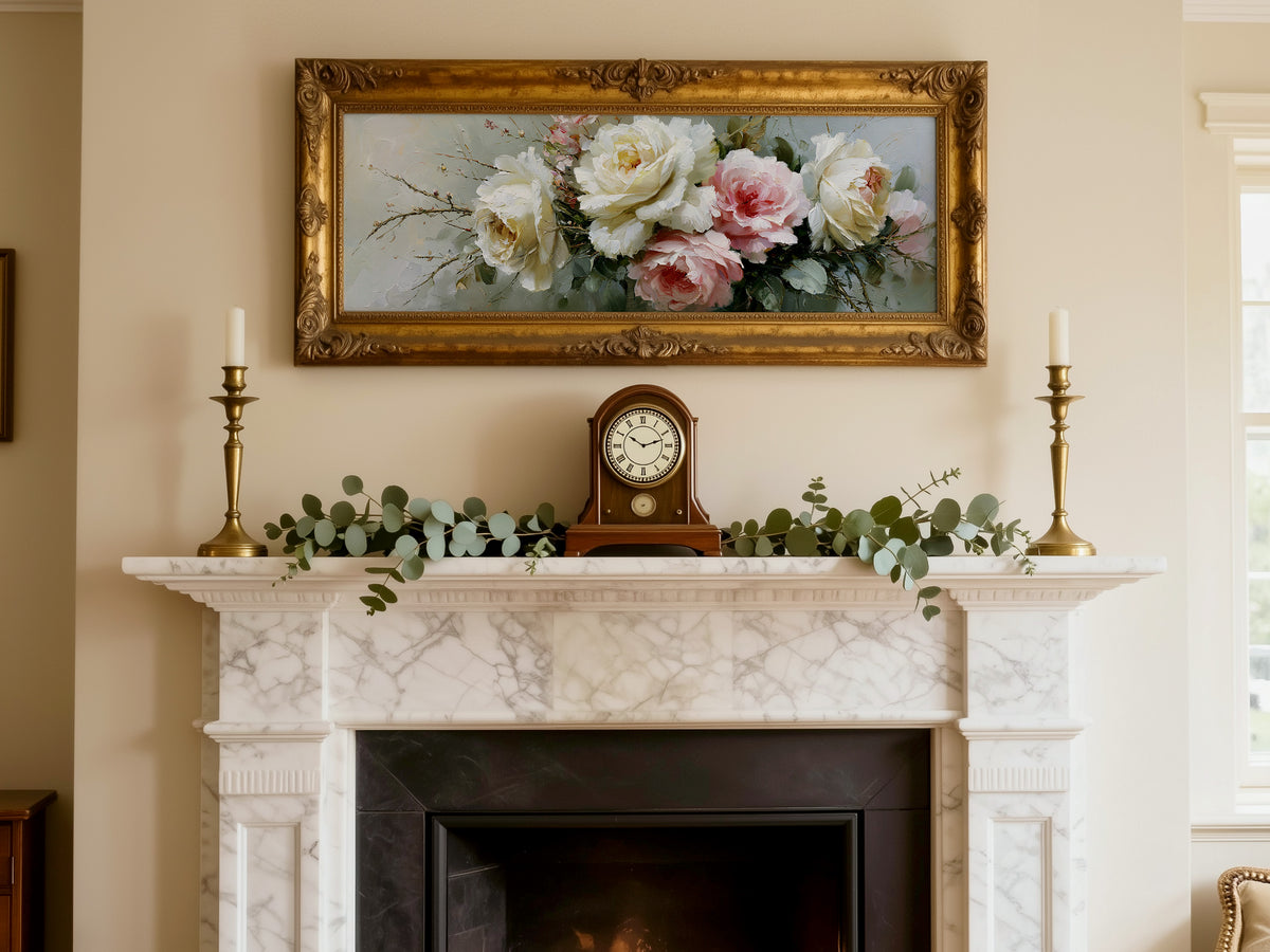 Elegant Peony Rose Bouquet Panoramic Canvas Print, Soft Pink White Floral Wall Art, Romantic Elegant Home Decor