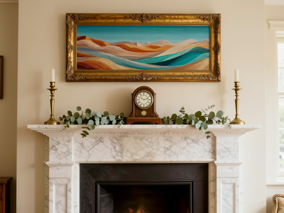 Abstract Desert Dunes Teal Orange Panoramic Canvas Print, Wavy Desert Landscape Wall Art, Boho Mid Century Living Room Decor