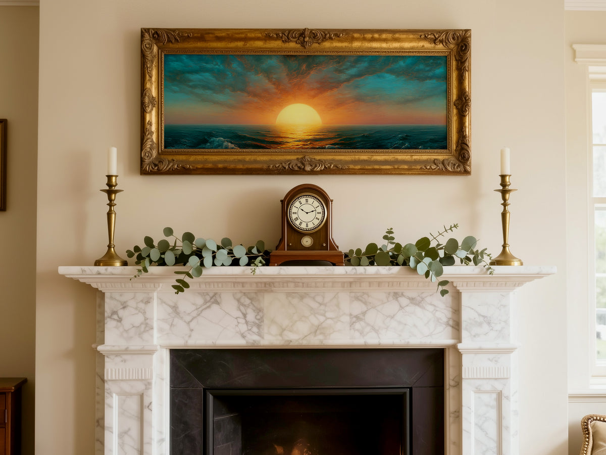 Ocean Sunset Panoramic Canvas Print, Teal Orange Sun Wall Art