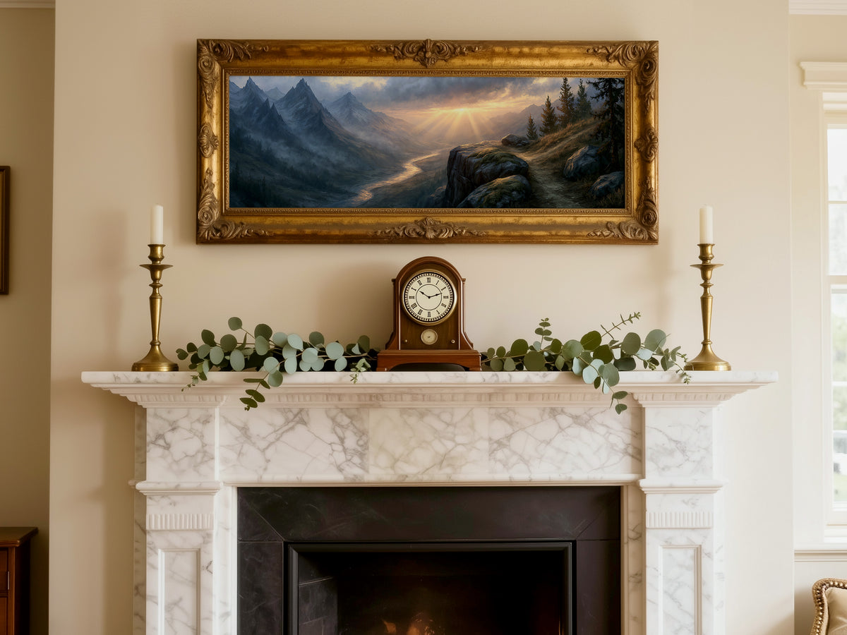 Alpine Mountain Valley Sunrise Panoramic Canvas Print, Golden Light Ray Landscape Wall Art, Rustic Living Room Canvas Decor