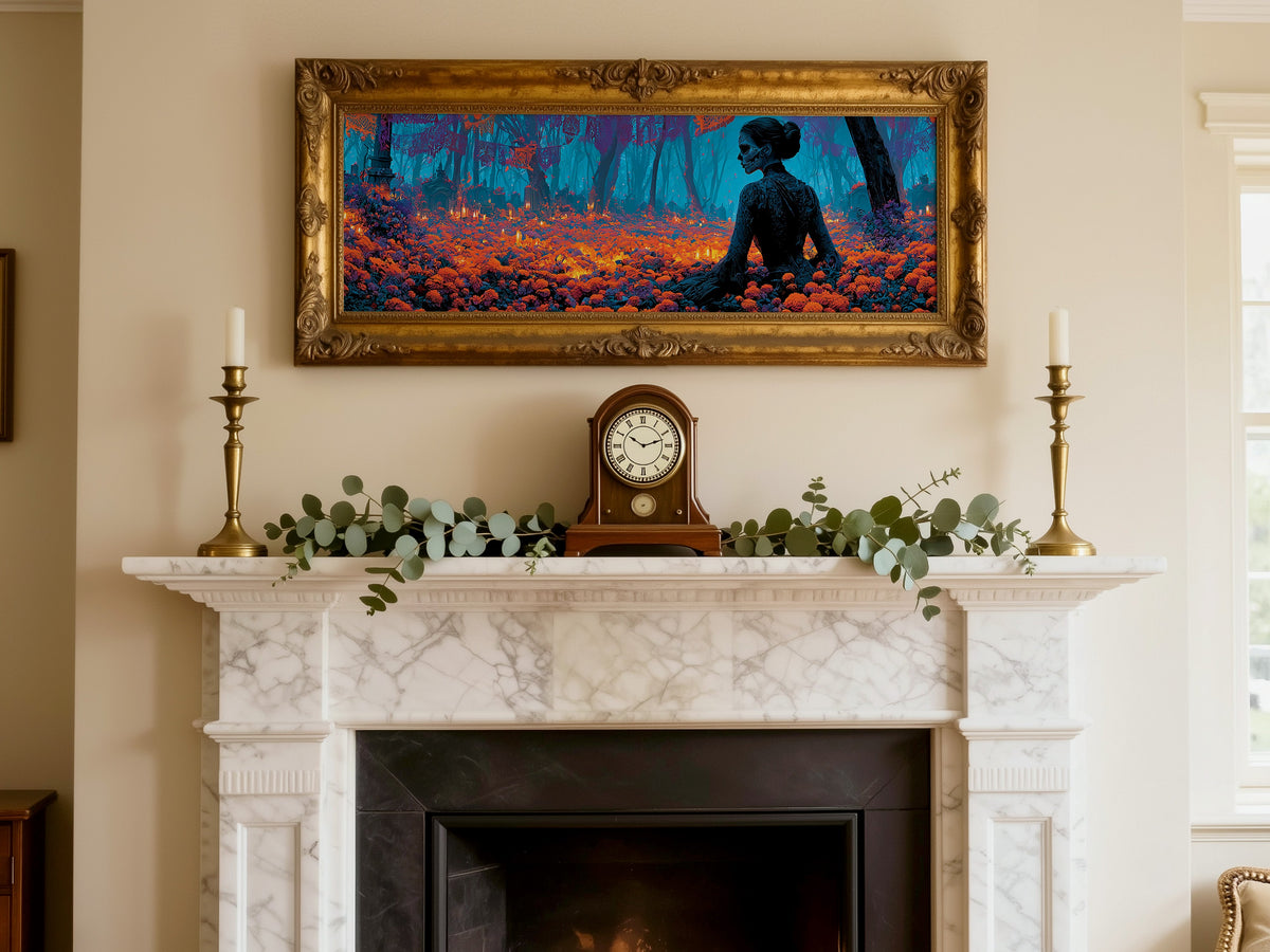 Sugar Skull Woman Marigold Forest Panoramic Canvas Print, Day of the Dead Blue Orange Wall Art, Macabre Room Decor