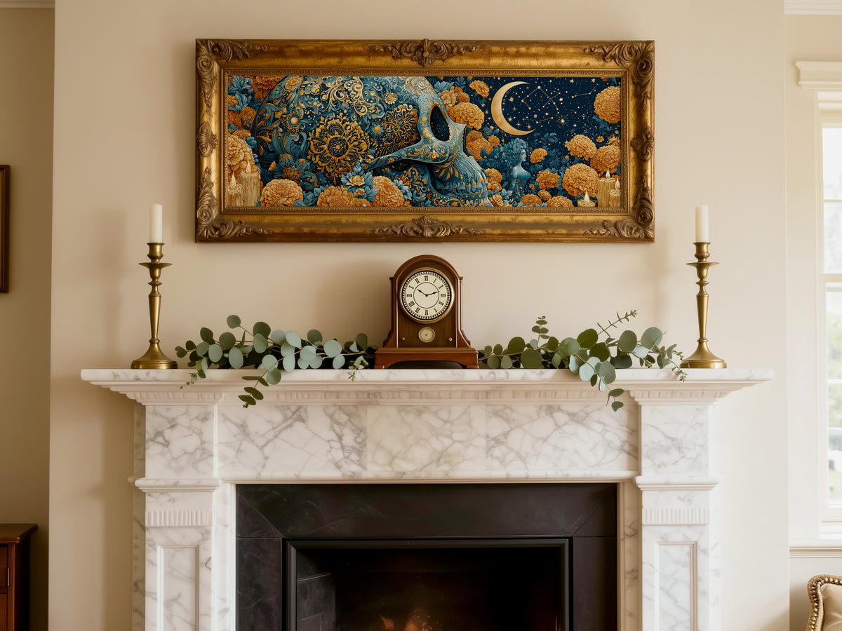 Sugar Skull Gold Teal Marigold Panoramic Canvas Print, Day of the Dead Celestial Wall Art, Horizontal Gothic Wall Decor