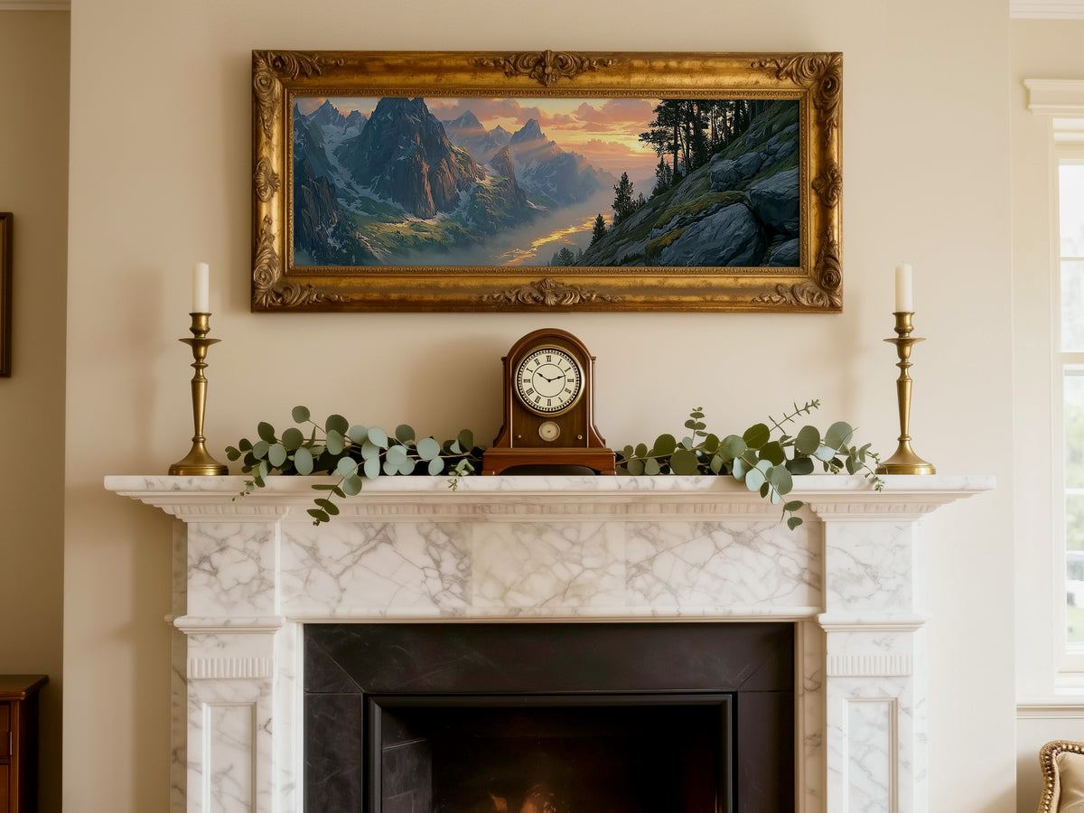 Alpine Mountain Valley Sunset Panoramic Canvas Print, Snow Peak Pine Forest Wall Art, Majestic Wilderness Winter Decor