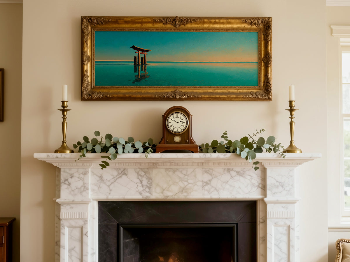 Japanese Torii Gate Ocean Sunset Panoramic Canvas Print, Minimalist Teal Blue Wall Art, Extra Large Zen Living Room Decor