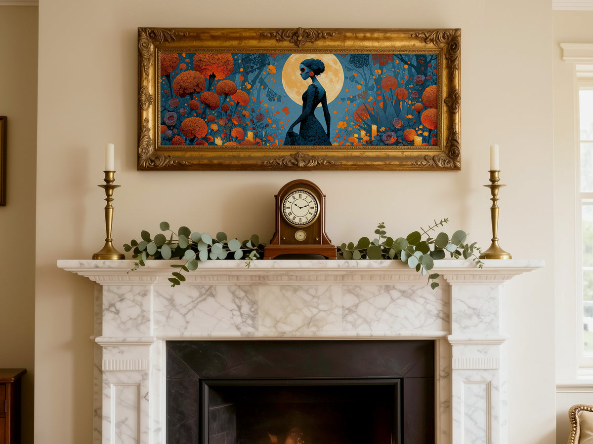 Day of the Dead Woman Marigold Moon Panoramic Canvas Print, Dia de Muertos Teal Wall Art, Moody Halloween Decor