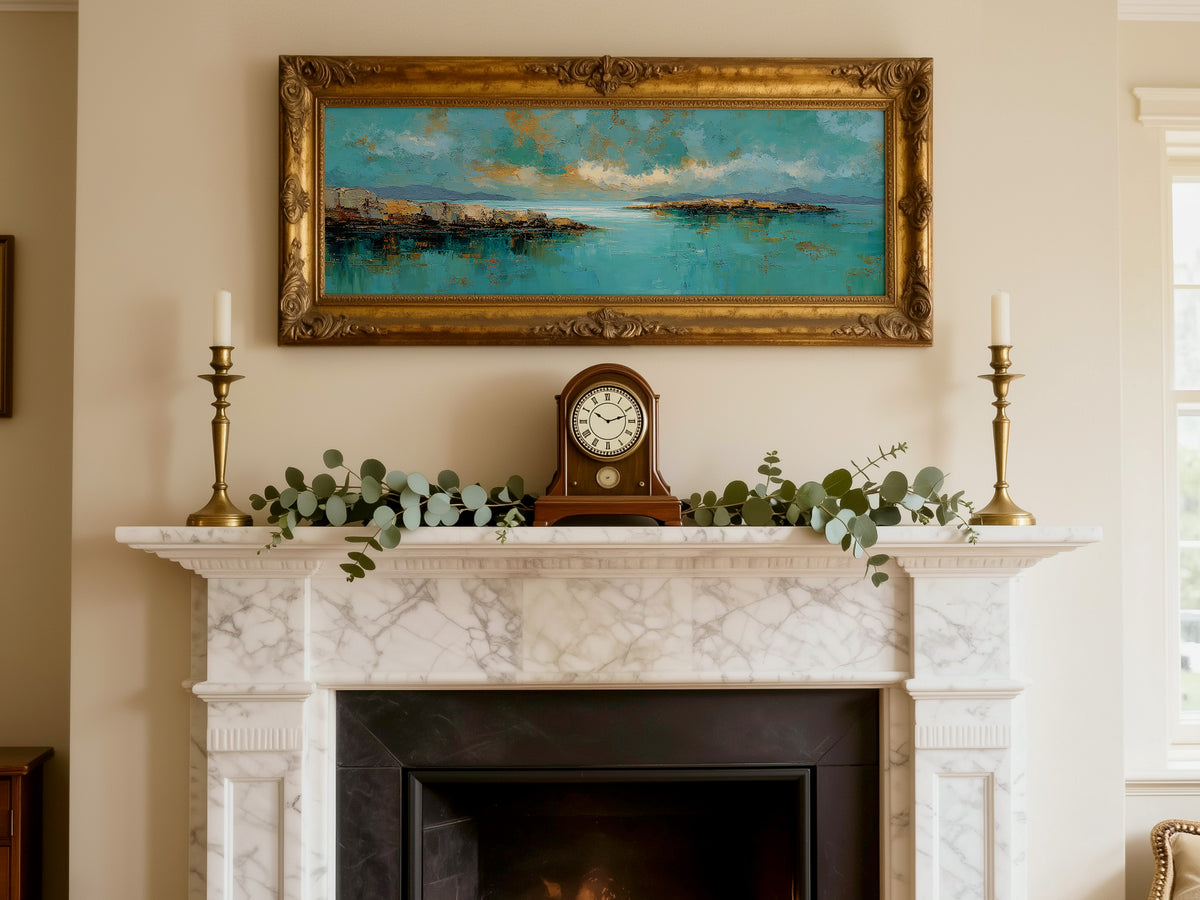Abstract Coastal Teal Gold Panoramic Canvas Print, Impasto Ocean Sky Seascape Wall Art, Oversized Horizontal Decor