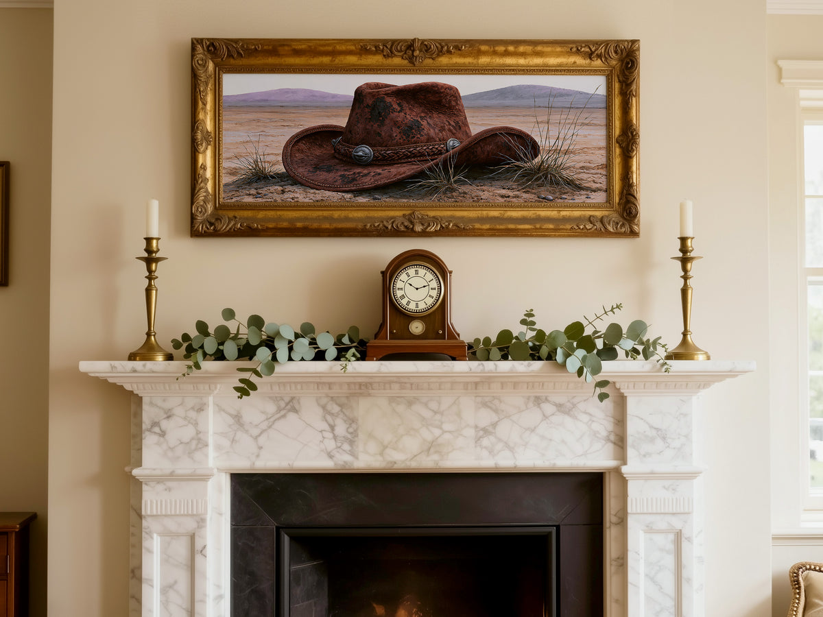 Vintage Cowboy Hat and Desert Landscape Panoramic Canvas Print, Southwest Western Wall Art, Country Living Room Decor