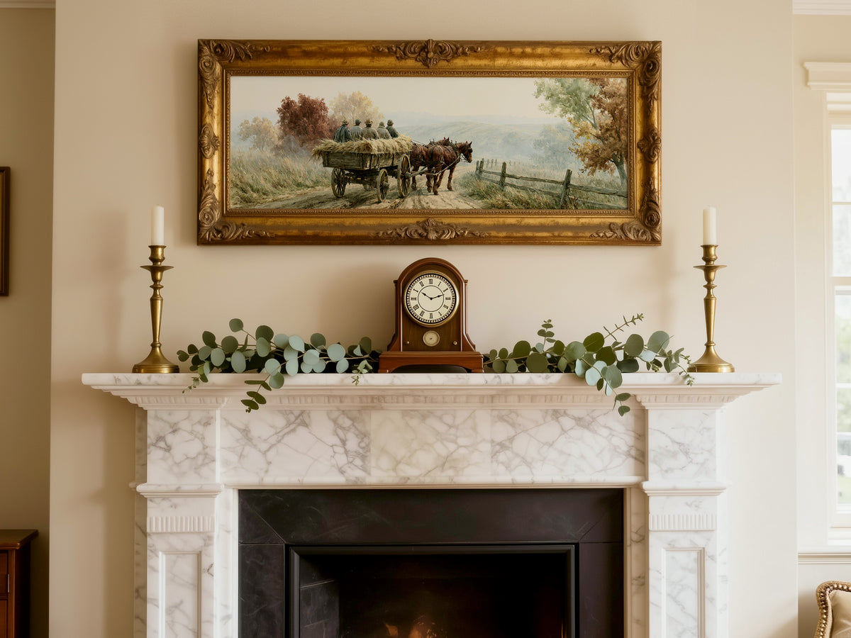 Vintage Horse Wagon Countryside Panoramic Canvas Print, Autumn Landscape Rustic Farmhouse Wall Art, Country Home Art Decor