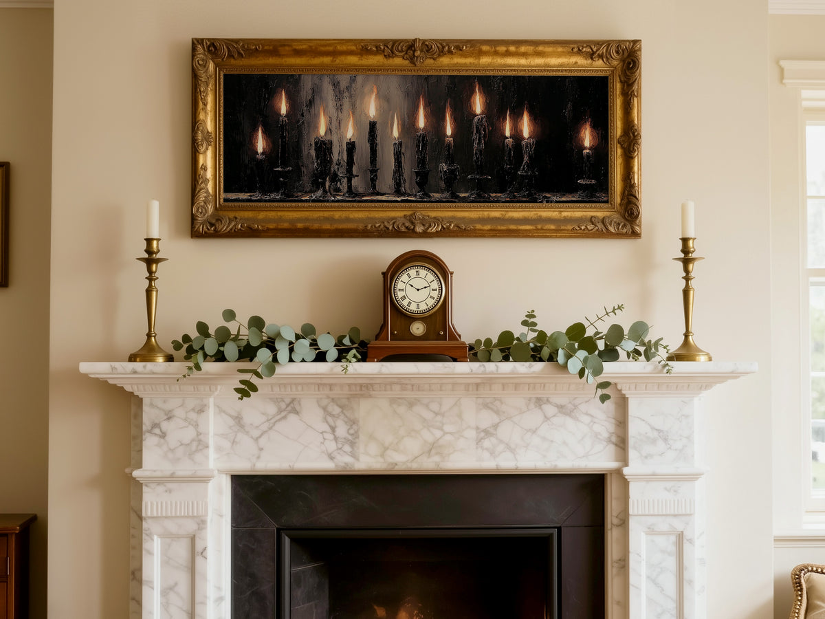 Gothic Dark Academia Moody Flame Panoramic Canvas Print, Burning Black Candles Wall Art