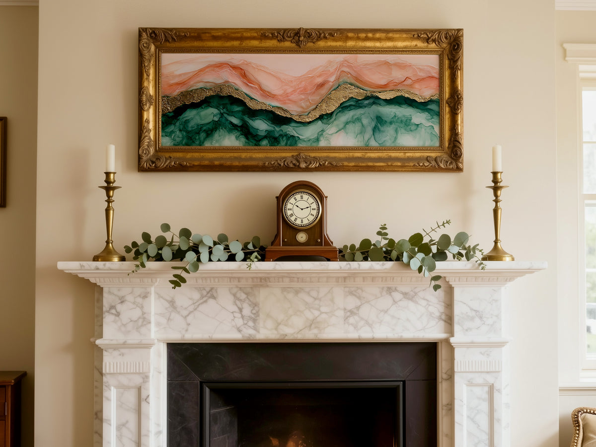 Blush Pink Gold Marble Fluid Panoramic Canvas Print, Abstract Alcohol Ink Emerald Green Mountain Wall Art, Luxury Wall Decor