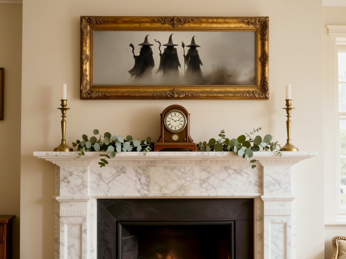 Mystic Witchy Dark Academia Panoramic Canvas Print, Three Coven Fantasy Wall Art