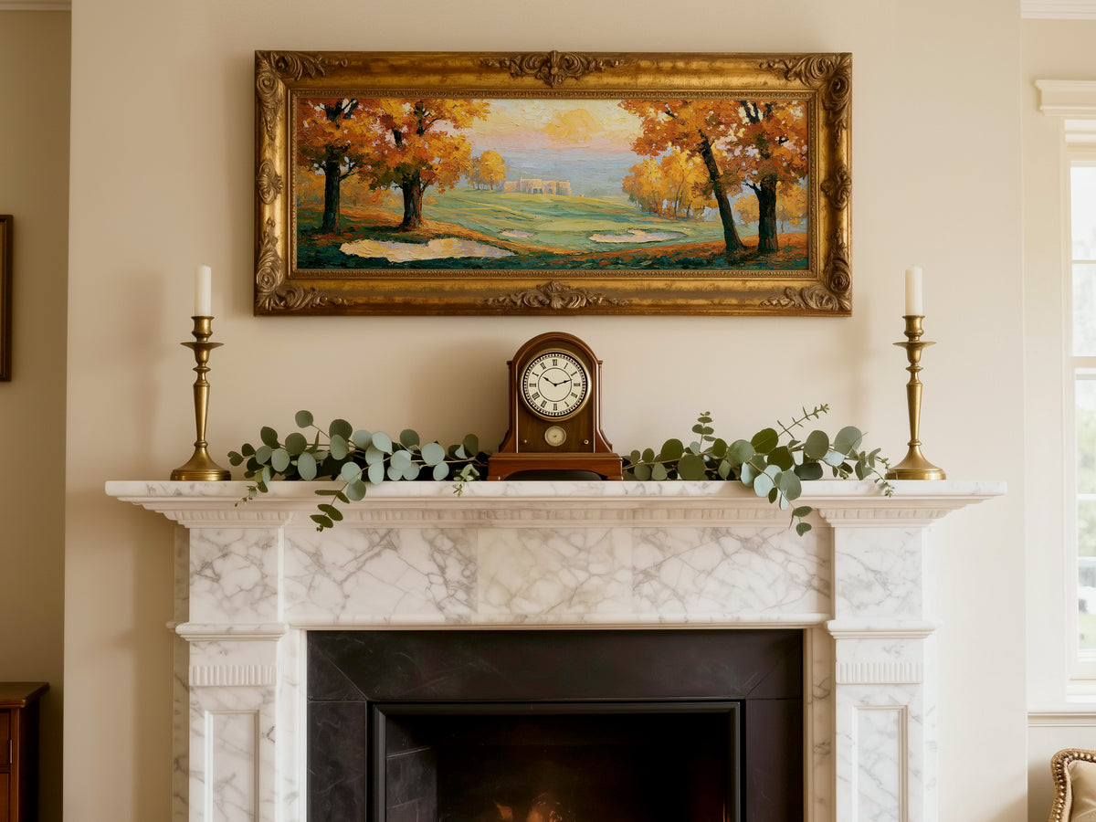 Golden Autumn Golf Landscape Panoramic Canvas Print, Impasto Fall Landscape Painting Wall Art,