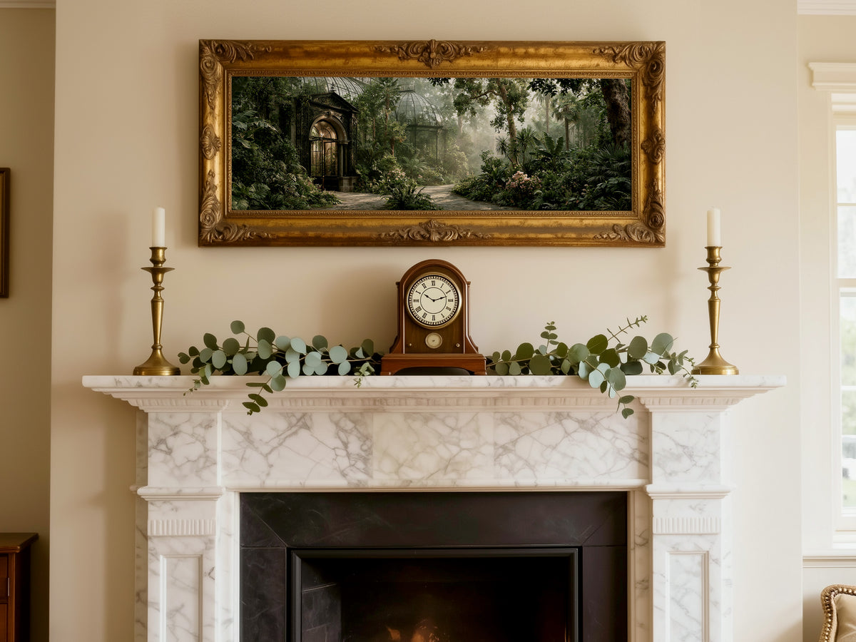 Victorian Greenhouse Botanical Garden Panoramic Canvas Print, Misty Green Glass House Wall Art, Biophilic Living Room Decor
