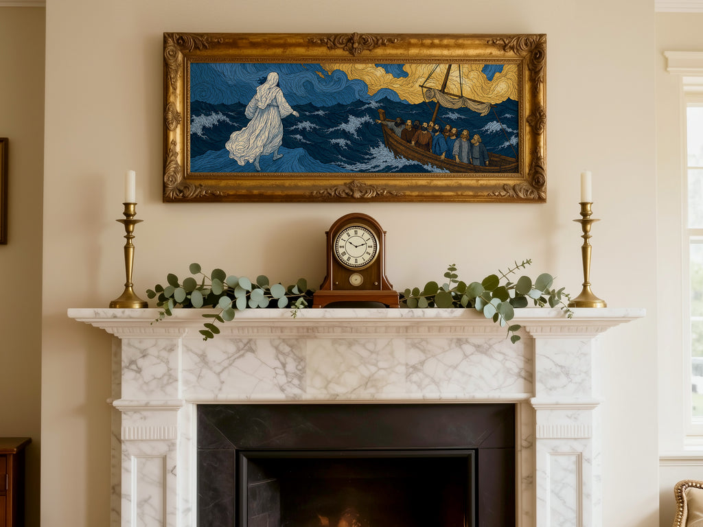 Biblical Jesus Walking Water Swirling Sea Panoramic Canvas Print, Van Gogh Style Blue Gold Wall Art, Redeemer Christian Heavenly Decor, P272