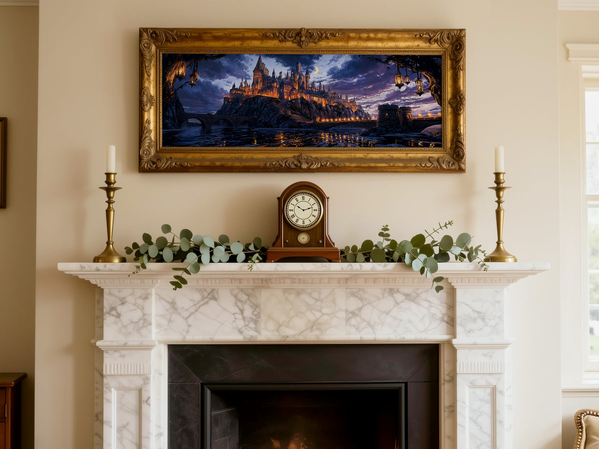 Enchanted Wizard Castle Night Panoramic Canvas Print, Fantasy Magic School Moonlit Wall Art, Dark Academia Fantasy Castle Decor