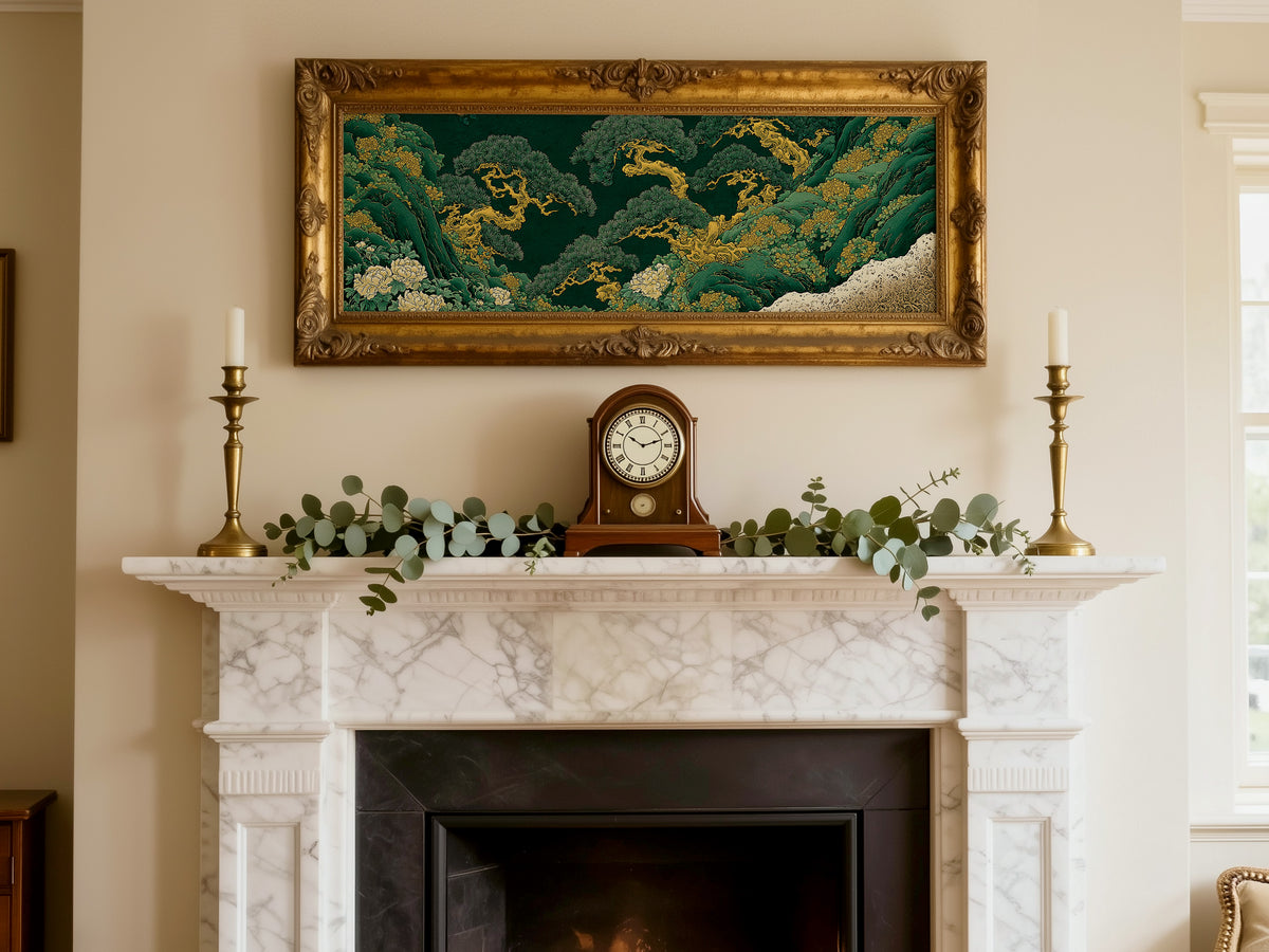 Japanese Pine Tree Panoramic Canvas Print, Emerald Green and Gold Landscape Wall Art