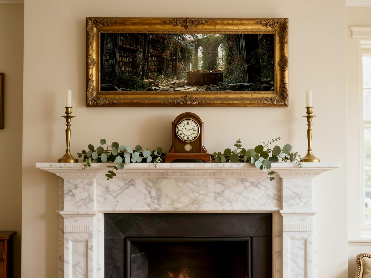 Dark Academia Overgrown Library Panoramic Canvas Print, Enchanted Abandoned Bookshelf Wall Art,