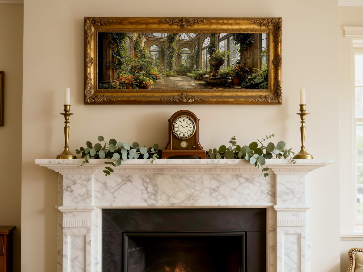 Victorian Conservatory Garden Panoramic Canvas Print, Sunlit Greenhouse Wall Art