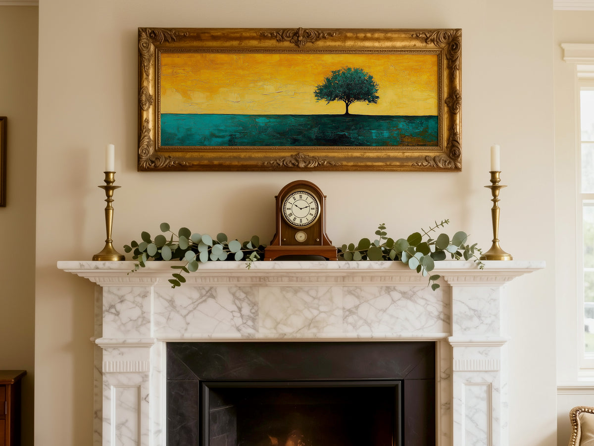 Minimalist Lone Tree Abstract Landscape Panoramic Canvas Print, Teal Yellow Gold Modern Nature Home Wall Art, Contemporary Decor