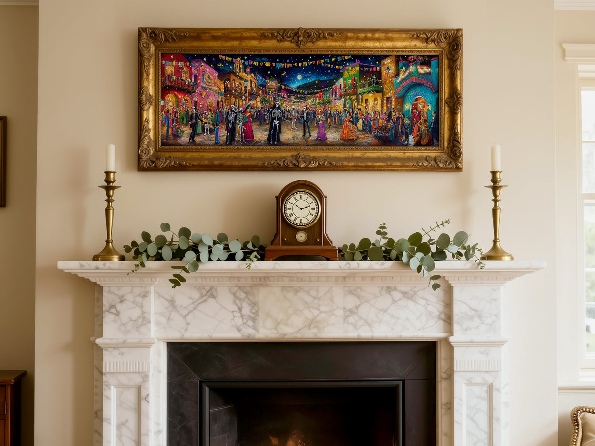 Day of the Dead Night Festival Panoramic Canvas Print, Dia de los Muertos Village Street Party Wall Art