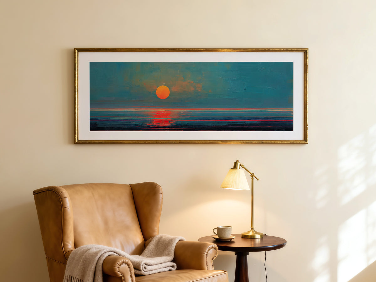 Modern Sunset Panoramic Canvas Print, Minimalist Coastal Wall Decor for Living Room