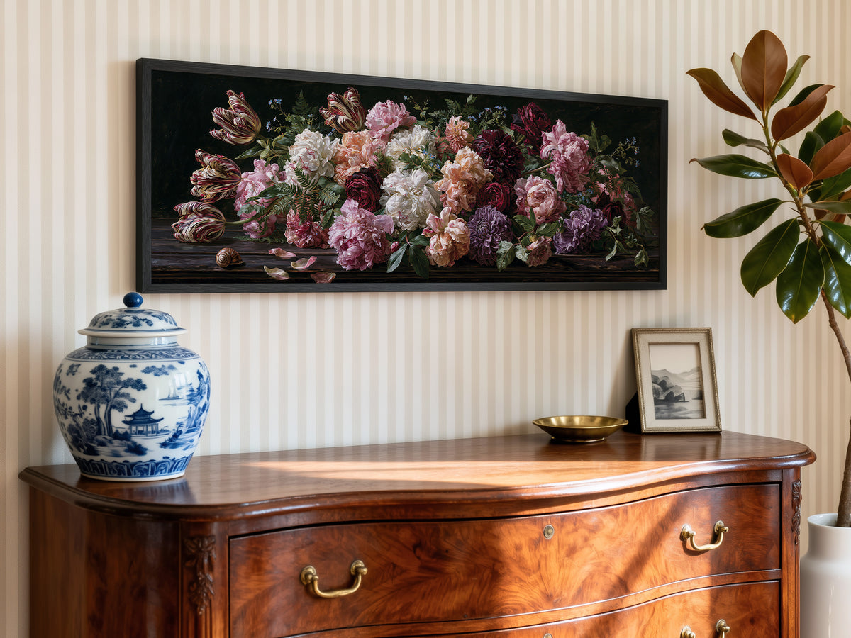 Dark Floral Panoramic Canvas Print, Peony & Tulip Botanical Wall Art, Extra Large Horizontal Decor