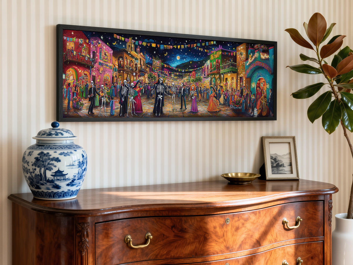 Day of the Dead Night Festival Panoramic Canvas Print, Dia de los Muertos Village Street Party Wall Art