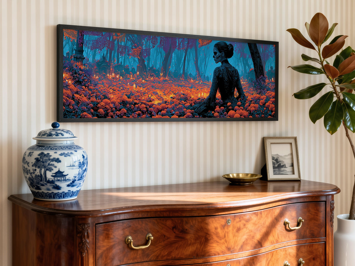Sugar Skull Woman Marigold Forest Panoramic Canvas Print, Day of the Dead Blue Orange Wall Art, Macabre Room Decor