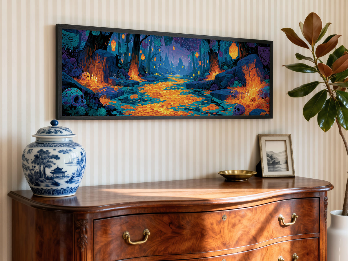 Dia de los Muertos Panoramic Canvas Print, Mystical Blue & Orange Forest Wall Decor
