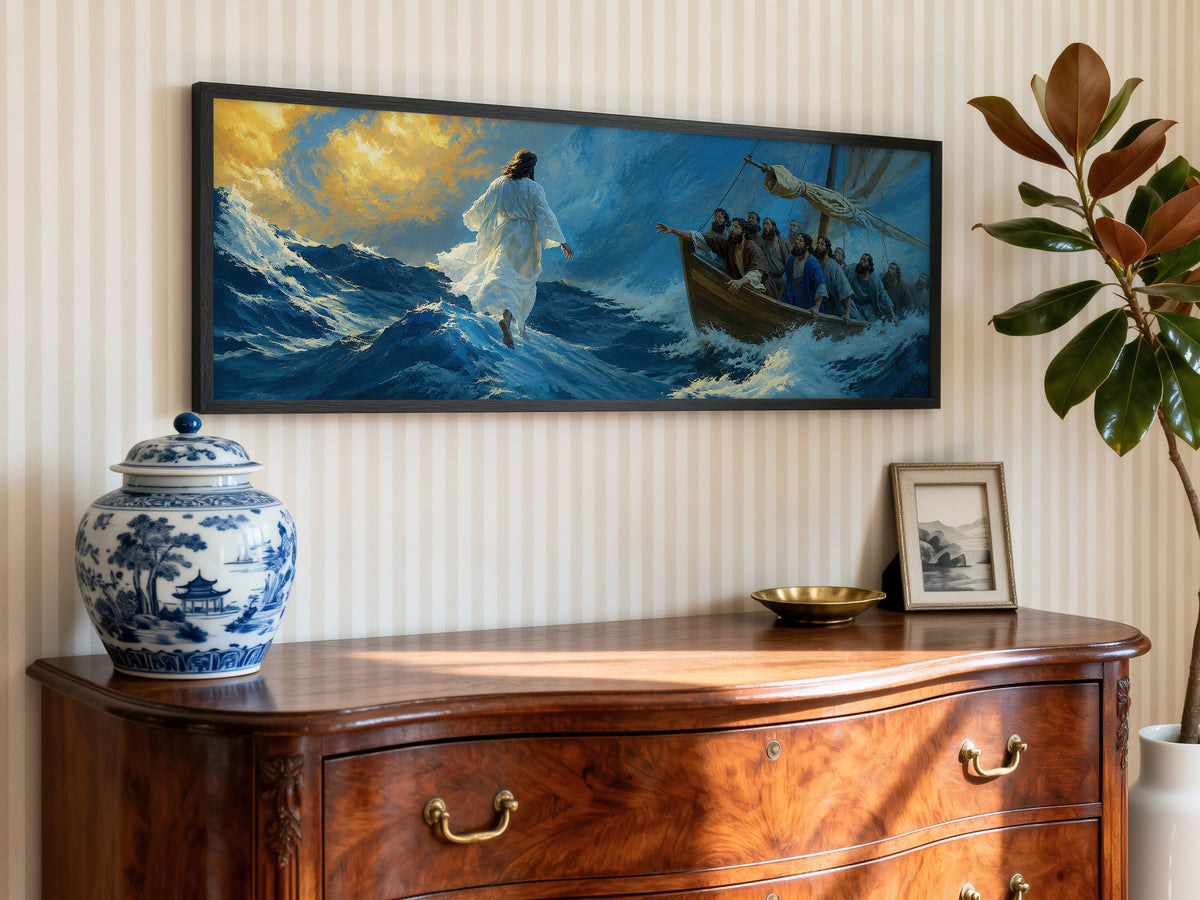 Jesus Walking on Water Stormy Sea Panoramic Canvas Print, Biblical Miracle Disciples Boat Wall Art, Extra Large Christian Decor