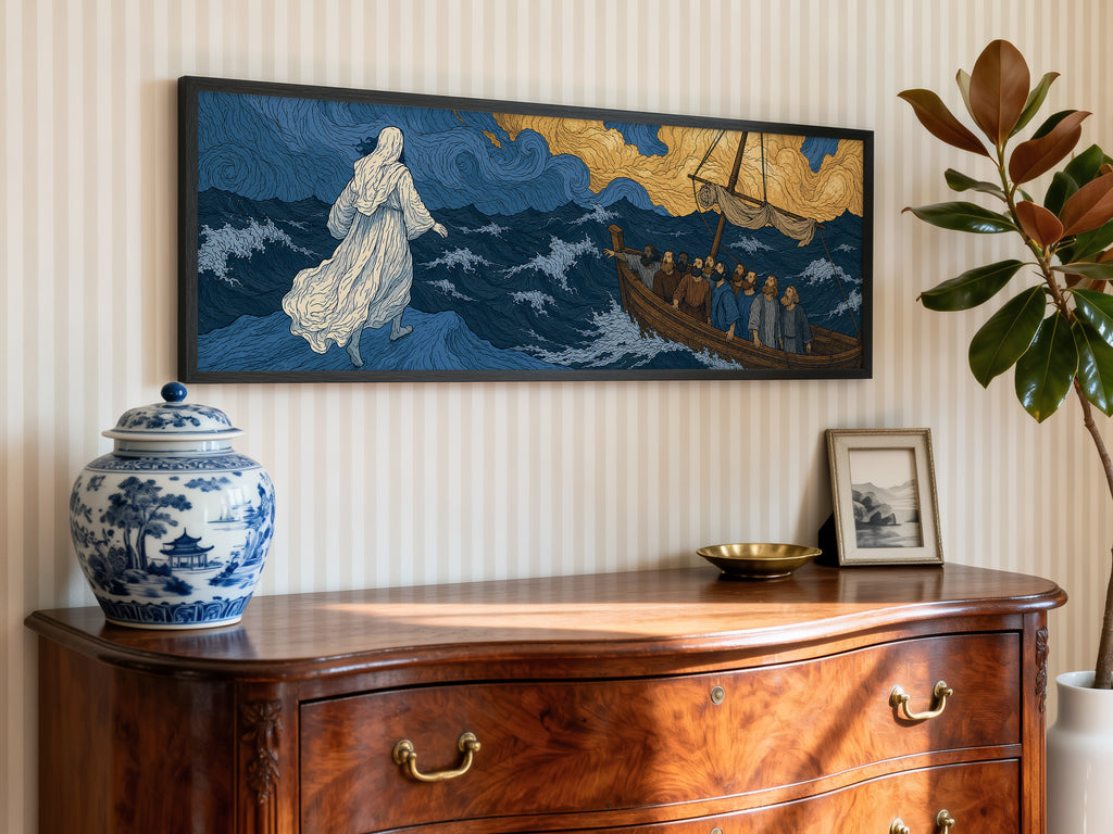 Biblical Jesus Walking Water Swirling Sea Panoramic Canvas Print, Van Gogh Style Blue Gold Wall Art, Redeemer Christian Heavenly Decor, P272