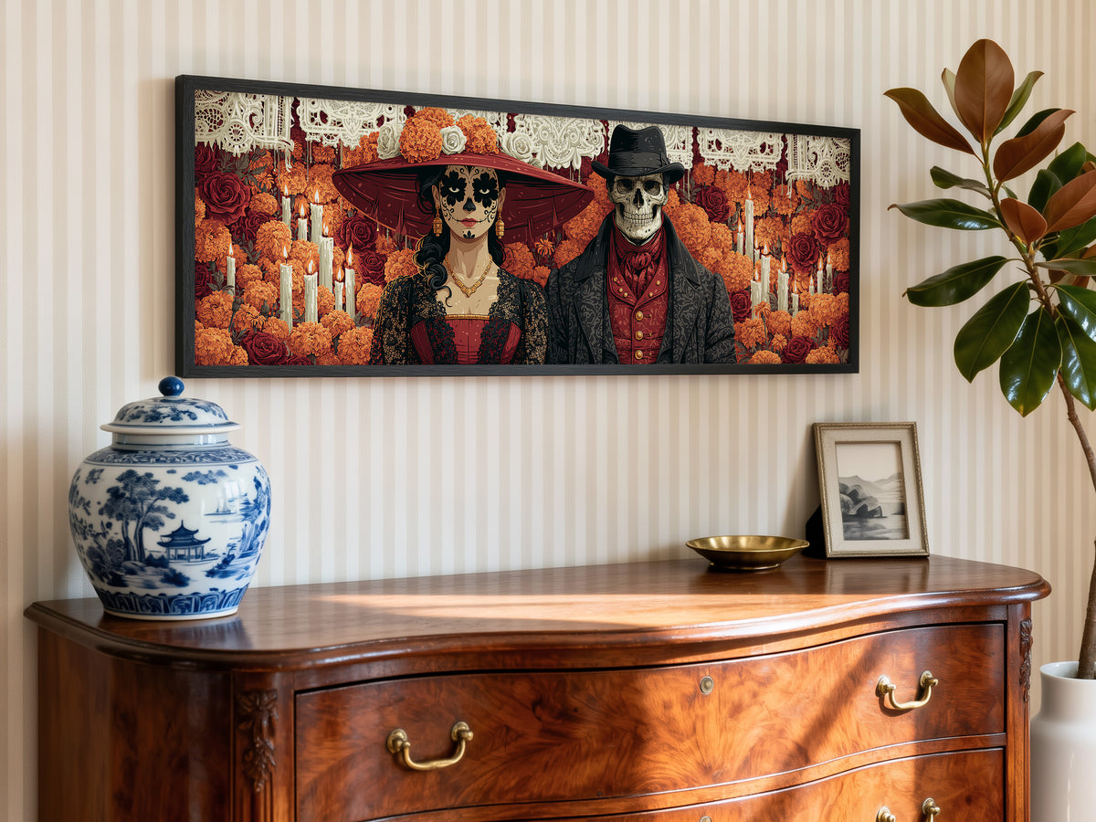 Day of the Dead Couple Canvas Print – Catrina & Skeleton Groom Wall Art