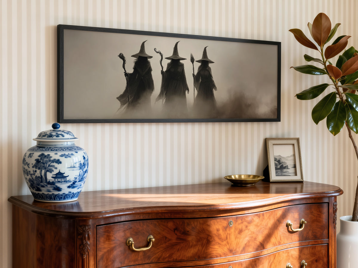Mystic Witchy Dark Academia Panoramic Canvas Print, Three Coven Fantasy Wall Art