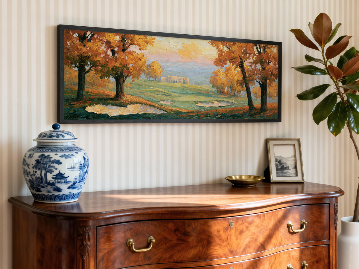 Golden Autumn Golf Landscape Panoramic Canvas Print, Impasto Fall Landscape Painting Wall Art,
