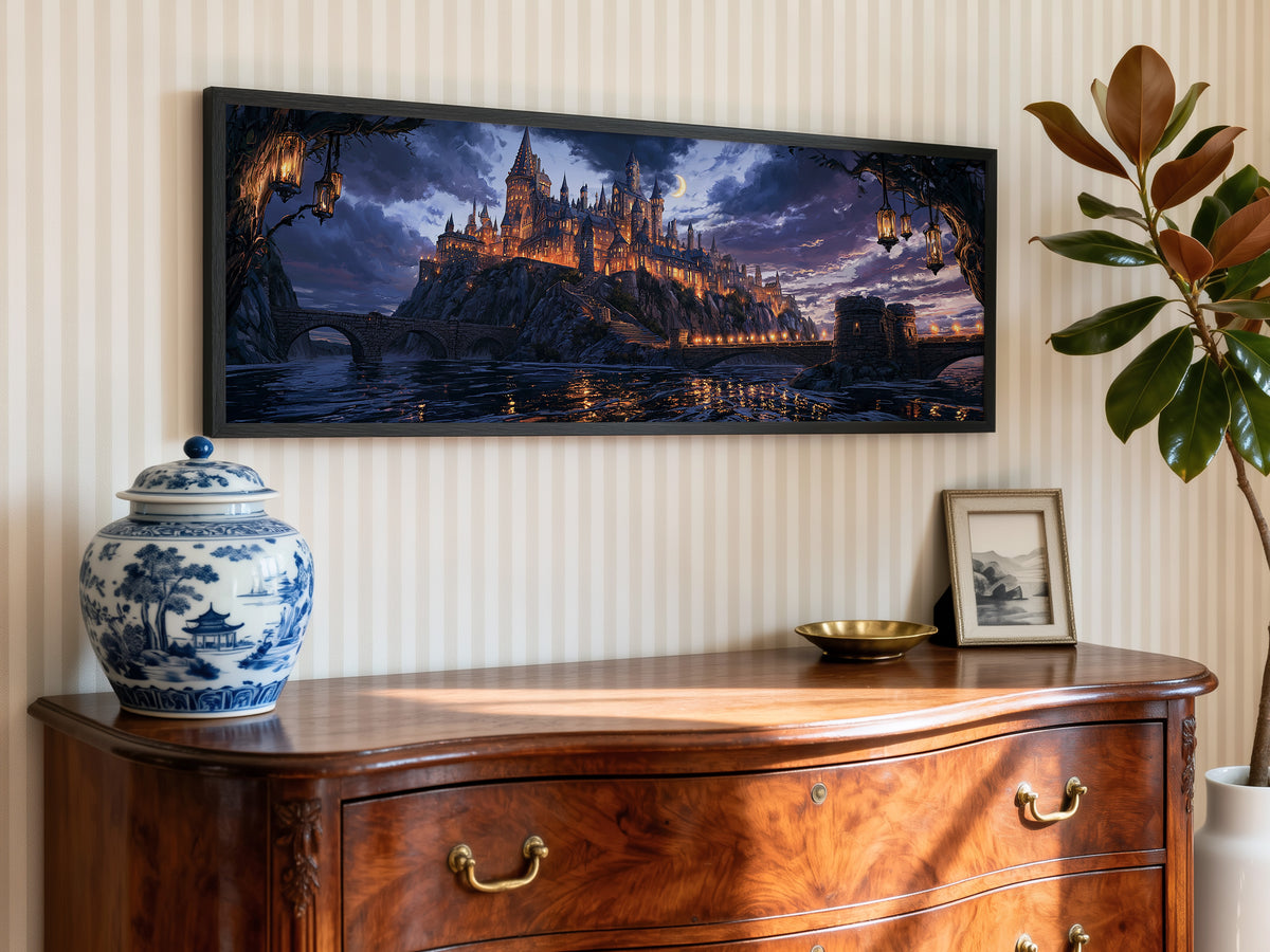 Enchanted Wizard Castle Night Panoramic Canvas Print, Fantasy Magic School Moonlit Wall Art, Dark Academia Fantasy Castle Decor