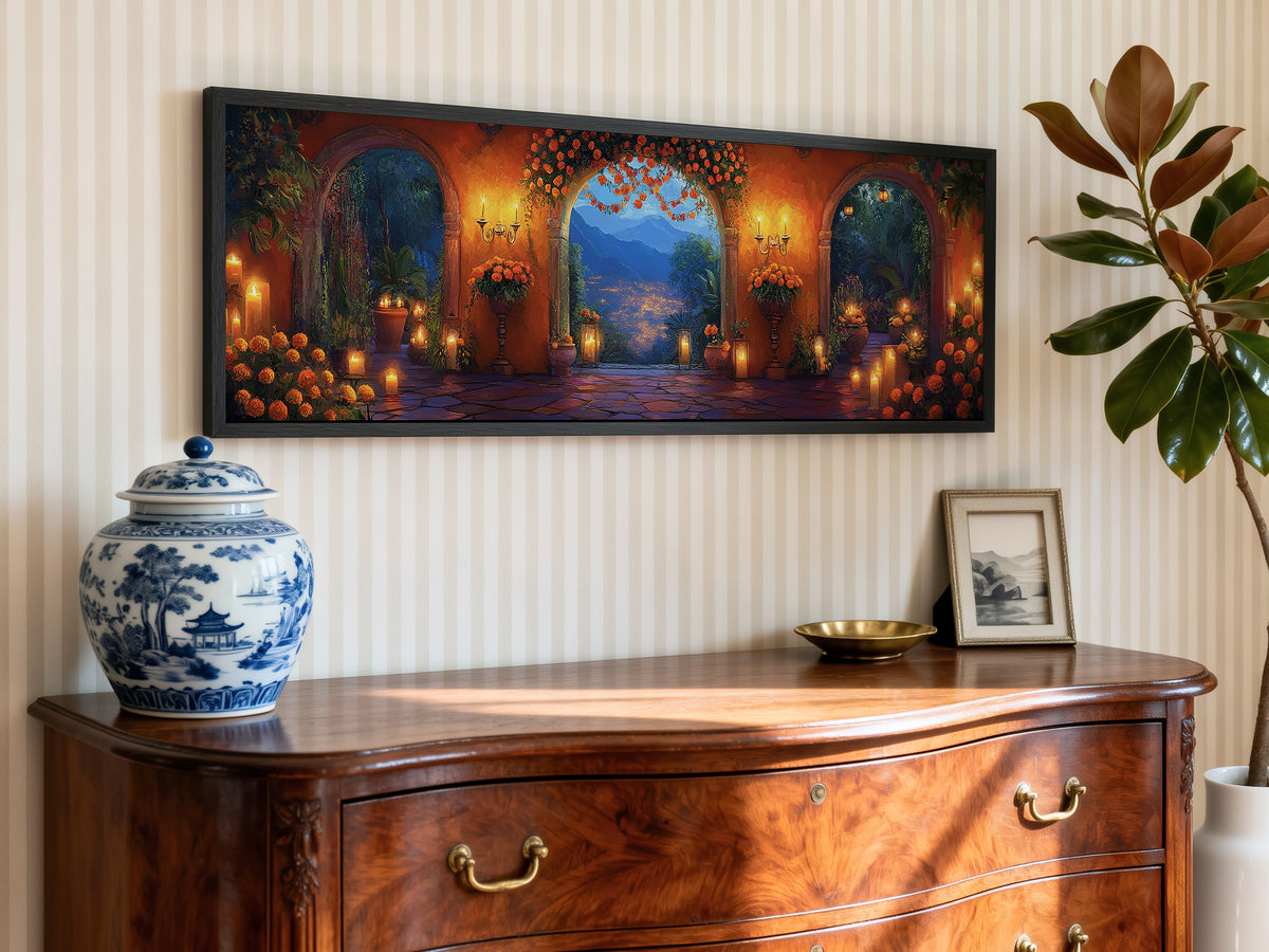 Mexican Courtyard Twilight Panoramic Canvas Print, Marigold Archway Sunset Landscape Wall Art