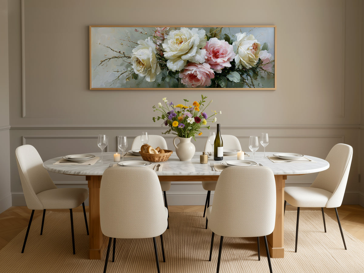 Elegant Peony Rose Bouquet Panoramic Canvas Print, Soft Pink White Floral Wall Art, Romantic Elegant Home Decor