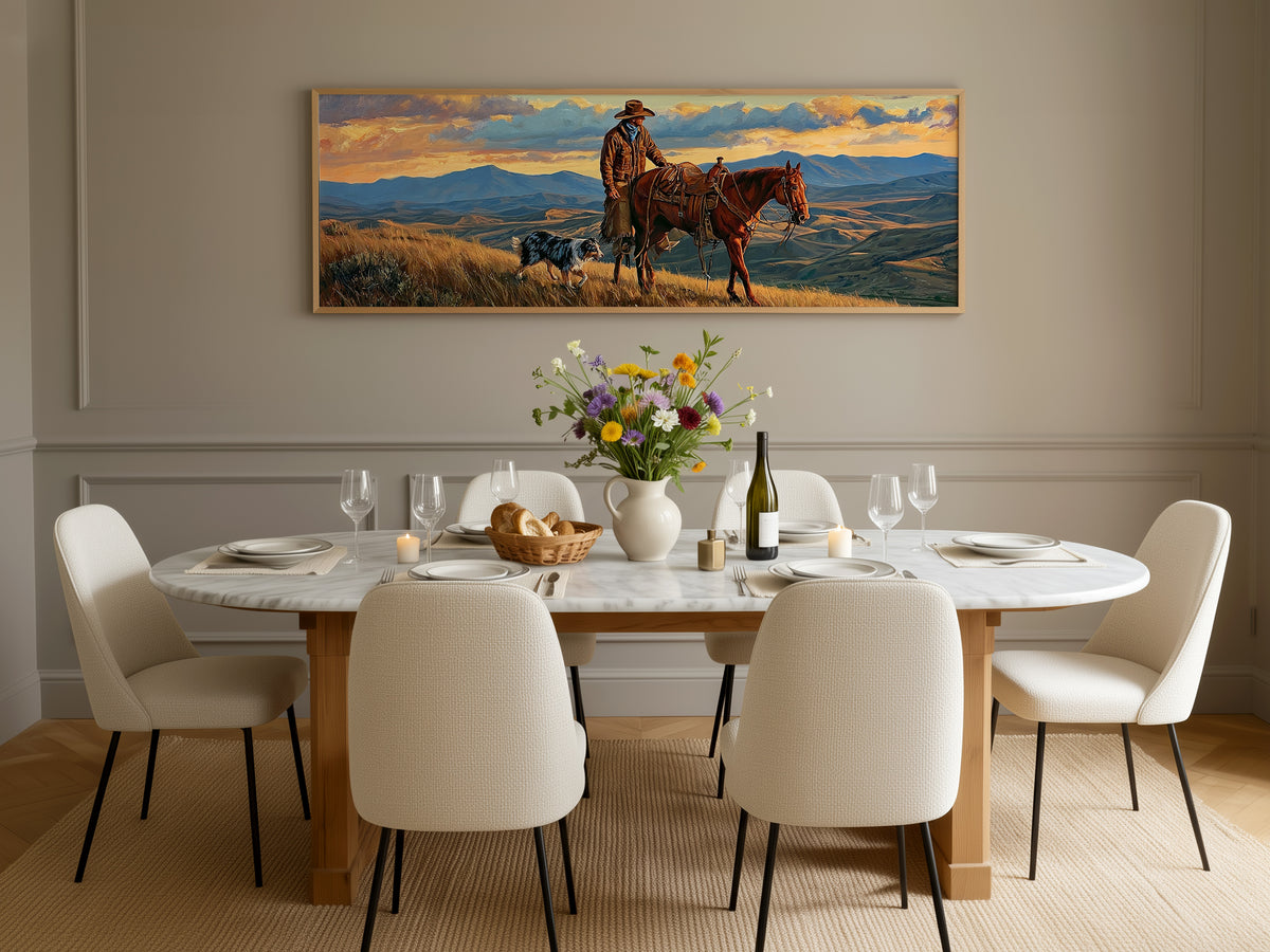 Western Cowboy Horse Dog Sunset Panoramic Canvas Print, Mountain Ranch Panoramic Wall Art, Rustic Country Ranch Decor
