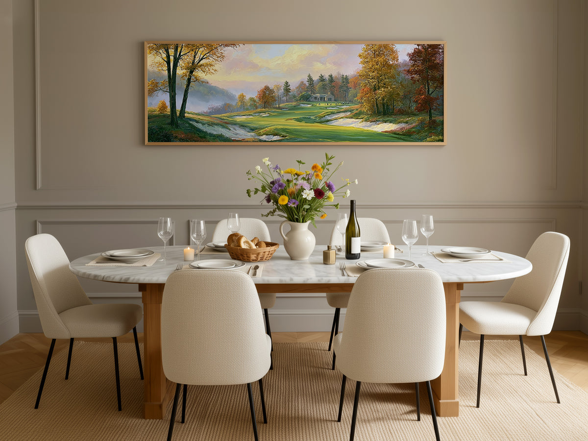 Golf Course Autumn Landscape Panoramic Canvas Print, Green Fairway Fall Foliage Wall Art, Golf Lover Home Decor