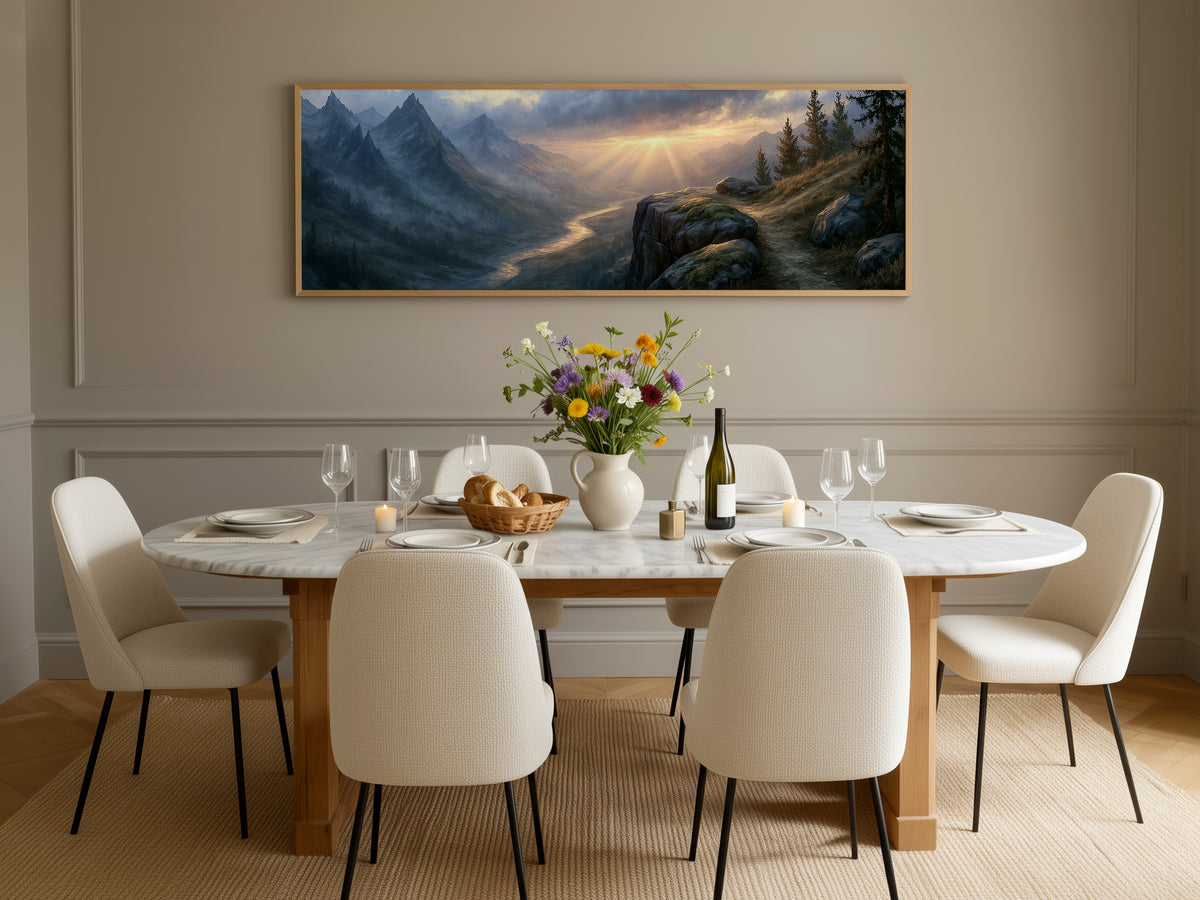 Alpine Mountain Valley Sunrise Panoramic Canvas Print, Golden Light Ray Landscape Wall Art, Rustic Living Room Canvas Decor