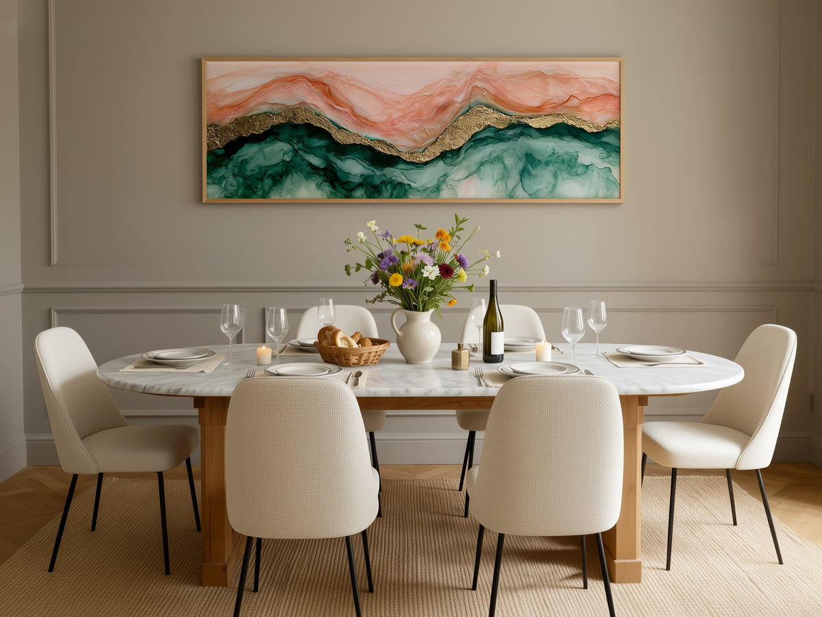 Blush Pink Gold Marble Fluid Panoramic Canvas Print, Abstract Alcohol Ink Emerald Green Mountain Wall Art, Luxury Wall Decor